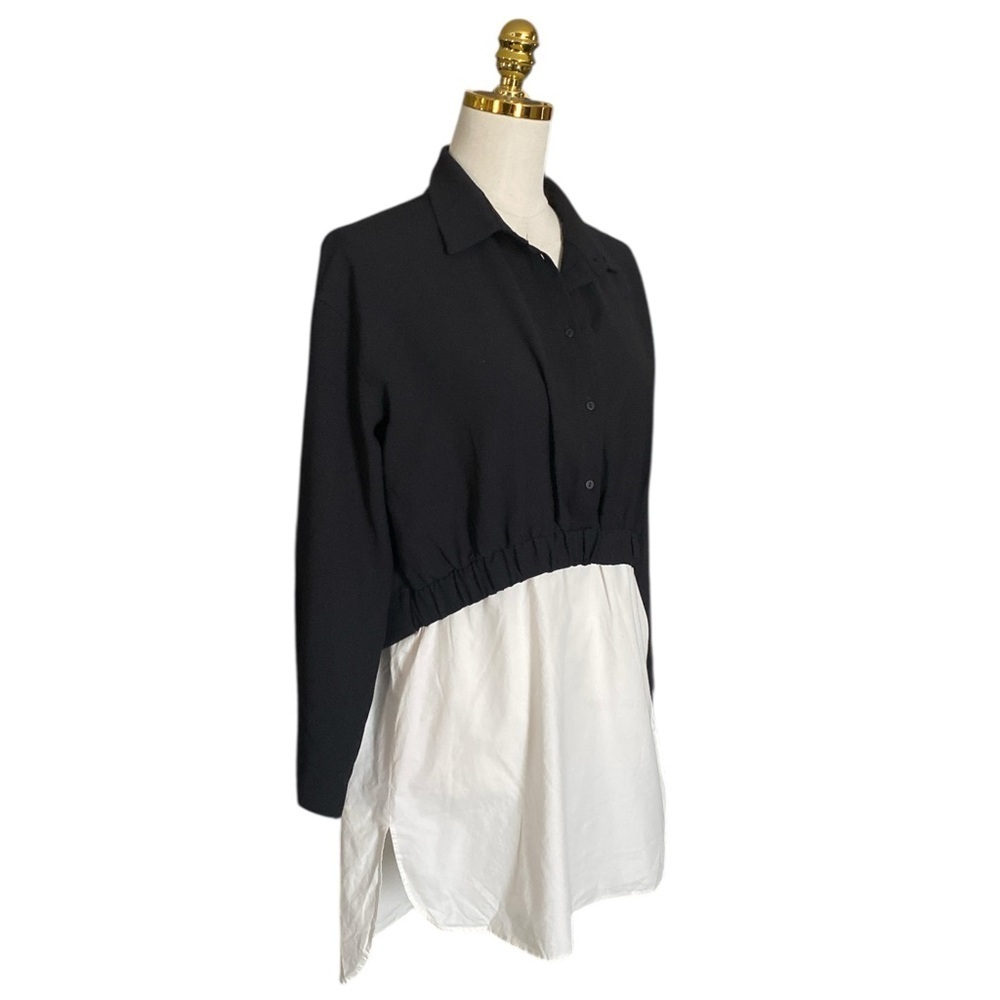 Zara Black Contrasting White Layered 1/2 Button Down Oversized Shirt Size S - Picture 2 of 5